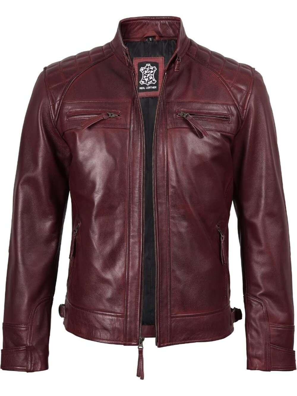 Men’s Maroon Genuine Lambskin Leather Cafe Racer Motorcycle Jacket